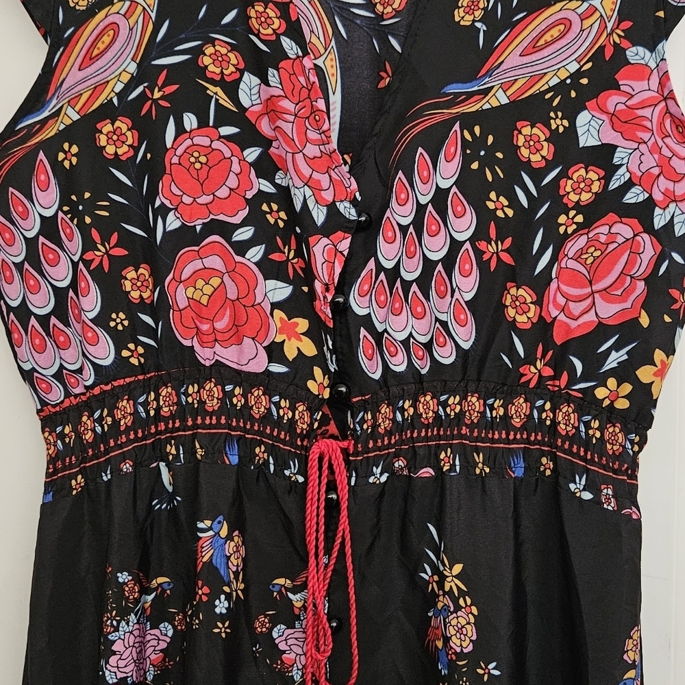 Wish V-Neck Peacock Floral Print Flare Sleeve Bohemian cotton blend Dress size S - Picture 6 of 13